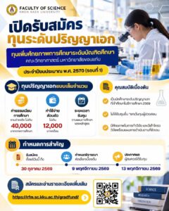มข. เปิดรับสมัครทุนป.เอกเต็มจำนวน ปีงบ70 ให้ค่าเล่าเรียนสูงสุด 40,000 บาท/ภาคการศึกษา พร้อมเงิน 12,000 บาท/เดือน